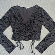 Long Sleeve Gray And Black Cheetah Print Wrap Top Ruched Sides Sz Sm