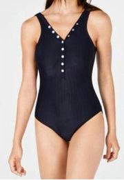 Tommy Hilfiger Ribbed Snap-Front One-Piece Swimsuit NAVY Size 10 NWT