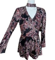 Velour Black and Rust Paisley Design Mock Neck Bohemian Romper Large NWT