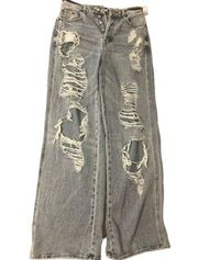 PacSun Women's Light Blue Denim Pull On Distressed Boot Cut Baggy Jeans Size 28