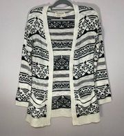 Pink Rose M open front cotton blend black white aztec print longline cardigan