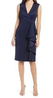 Sheath Midi Dress 14 Navy Blue Surplice V-Neck Career Cascading Ruffle