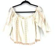 Tularosa Blouse Women's Size S Off The Shoulder Lace Trim Crop 3/4 Sleeve Cream