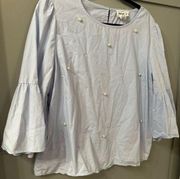 For The Republic Light Blue Blouse with Pearls Bell Sleeve Size XL