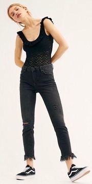 Free People  Jeans Great Heights Black Frayed Distressed Skinny