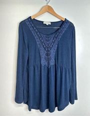 Suzanne Betro Weekend Shirt Womens XL Blue Long Sleeve Embroidered Blouse