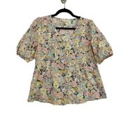 Solitaire Short Sleeve Balloon Button Front Embroidered Paisley Floral Size M