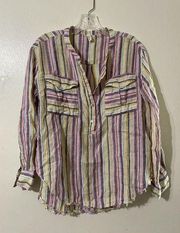 Elan Lagenlook Boho Frayed Top Womens Small 100% Linen Striped Popover