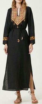 NWT Tory Burch Embroidered Linen Maxi Caftan in Black Long Sleeve Size Small NEW