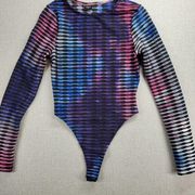 Blanc Womens Bodysuit Size S Black Blue Pink Tie-Dye Textured Stripe Long Sleeve