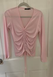 Long Sleeve Pink Ribbed Ruched Top