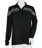 T Tahari Shirt Womens Medium Black Popover Top Lace Insert Neutral Minimalist