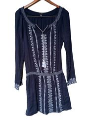 Long Sleeve Embroidered Tassel Boho Mini Dress Blue Size Large