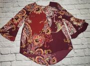 Est. 1946 Women's Size XS Burgundy Paisley Blouse With Bell Sleeves