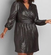 Metallic Shimmer Black Silver Surplice Holiday Dress Size 22