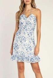 Lulus NEW  Stunning Shine White Blue Floral Print Halter Mini Dress XS NWT