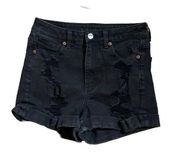 American Eagle  Stretch Black Denim Mom Short High Rise Distressed Shorts size 0