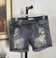 No Boundaries Denim Jean Shorts Size 11 Inseam 5” Print Design Pocket Mid Rise