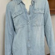 Kut from the Kloth Chambray Denim Button Down Pearl Studded Shirt XL Western