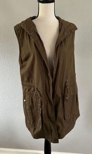 Army Green Zip Up Hooded Detailed Trench Coat Vest Size Small