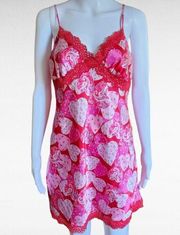 Jaclyn Smith Pink Red Heart Pattern Lace Trim Chemise Size Medium