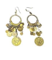 Grecian Gold Tone Costume Dangle Drop Gypsy Faux Coin Earrings