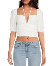 WAYF Sweetheart Neck Cropped Bustier Halter Top Puff Sleeve in White Size Large