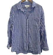 Workshop Republic Collared V-Neck Linen Button Down Blue White Stripes Size 1X