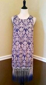 NWT Modcloth Moon Blue & Beige Lace Print Fringe Hem Sleeveless Boho Dress M