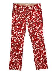 Tory Burch Red White Floral Printed Laurel Cropped Straight Leg Jean Size 26