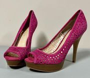 Pink Suede Floral Cut-Out Peep-Toe Stilettos Pumps Heels Shoes Size 8.5 🌺