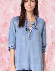 Scotch & Soda Lyocell Chambray Tassel Blouse Top Shirt Blue XS