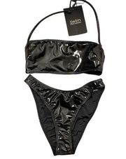 Naked Wardrobe Swim Women's XS Convertible Bandeau Bikini Black Vinyl Cheeky NWT