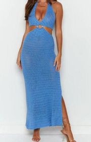 Beginning Boutique  Julia Crochet Blue Halter Midi Dress