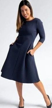 Betabrand Womens ReadySetGo Midi Dress M Navy Blue Fit Flare 3/4 Sleeve Stretch