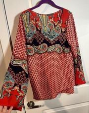 West Kei Women's Bright Floral Red Bohemian Blouse Top Size Small