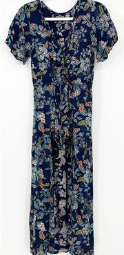 Angie Womens Boho Y2K Floral Printed Maxi Cape Overlay Shorts Romper Size S Blue