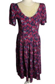 Vintage Cottage Core Dropped Waist Midi Dress S Blue Floral Crochet Neckline