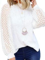 Women’s Lace Swiss Dot Waffle Knit Long Sleeve Blouse White Size Large