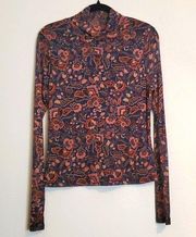 Evereve women's mock neck sheer sleeve floral lined top size XL