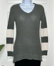 Gray and white striped waffle knit sweater