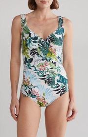 Jantzen Surplice Green Floral One Piece Swimsuit, Size 10