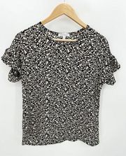 Downeast Top Women SMALL Black Cream Floral Print Short Sleeve Polyester