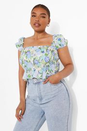 Plus Blue Green Floral Puff Sleeve Shirred Top 16