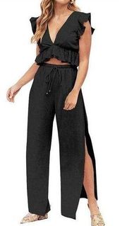 2 Pc Outfits Deep V Neck Crop Top Side Slit Drawstring Wide Leg Set L