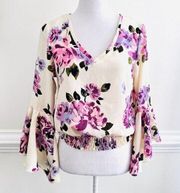 Live 4 Truth Pink Floral Gathered Waist Bell Sleeve Satin Blouse Shirt ~ Small