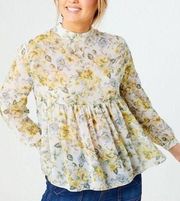 Altar'd State  Yellow & Blue Floral Long Sleeve Babydoll Top XS