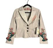 NWT Love Stich Boho Floral Embroidered Blazer Khaki Small **Flaw