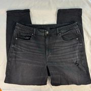 American Eagle  Size 18 LONG Black Mom Jean Distressed Stretch High Rise Whisker