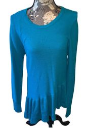 Blue Ruffle Asymmetrical Hem Ribbed Tunic Sweater medium